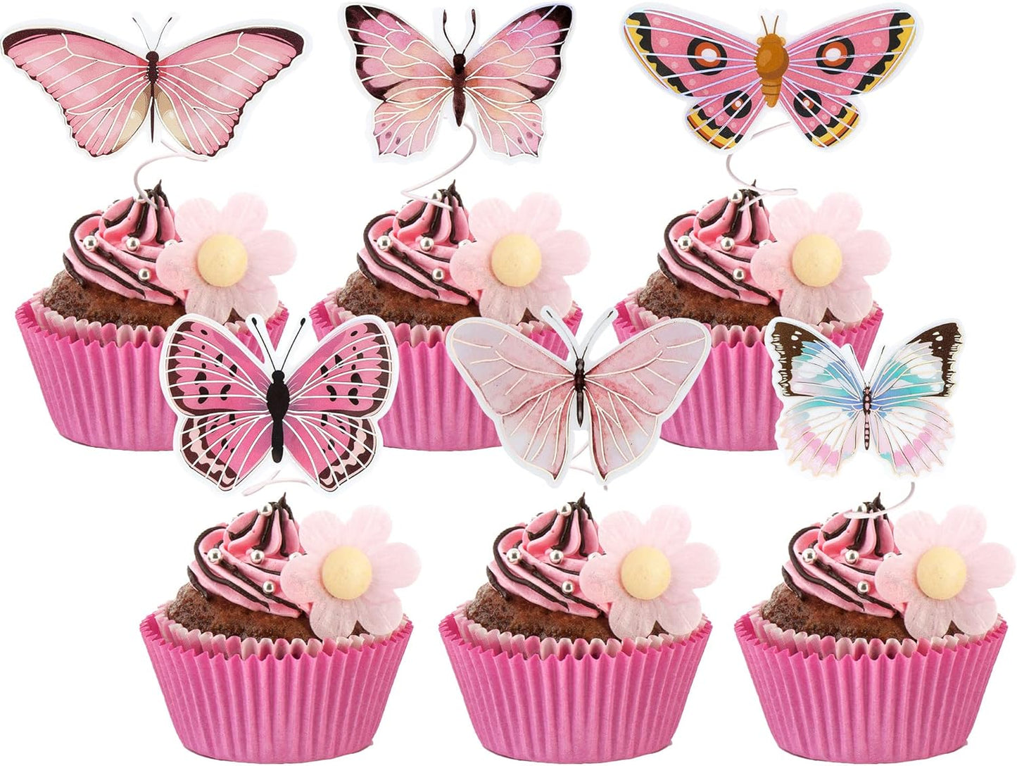 Gyufise 36Pcs Lively Art 3D Butterfly Cupcake Toppers - Pink Decorations for Girls' Birthday, Wedding, Party Cakes