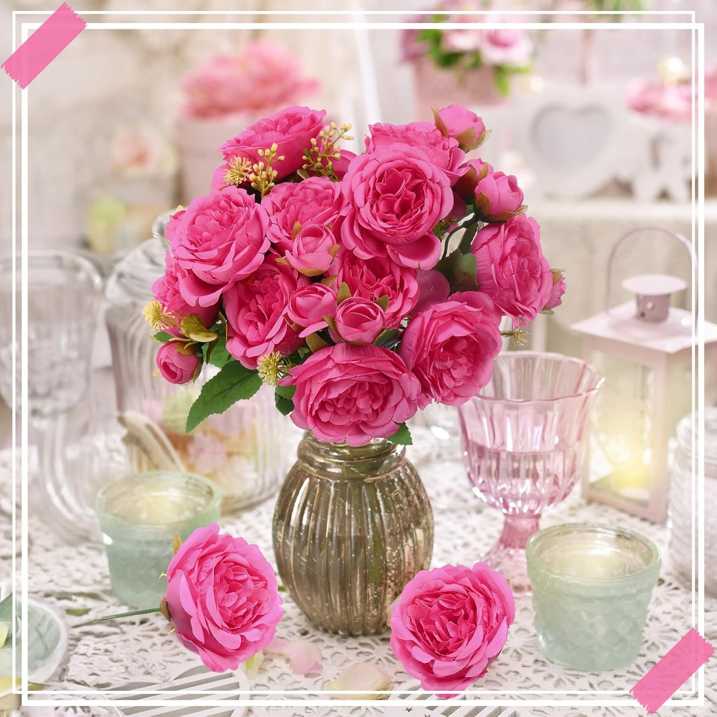 8 Bundles Artificial Peonies Flowers Boho Faux Flowers Arrangements Artificial Centerpiece Spring Bouquet Floral Wedding Decoration for Vase (Hot Pink)