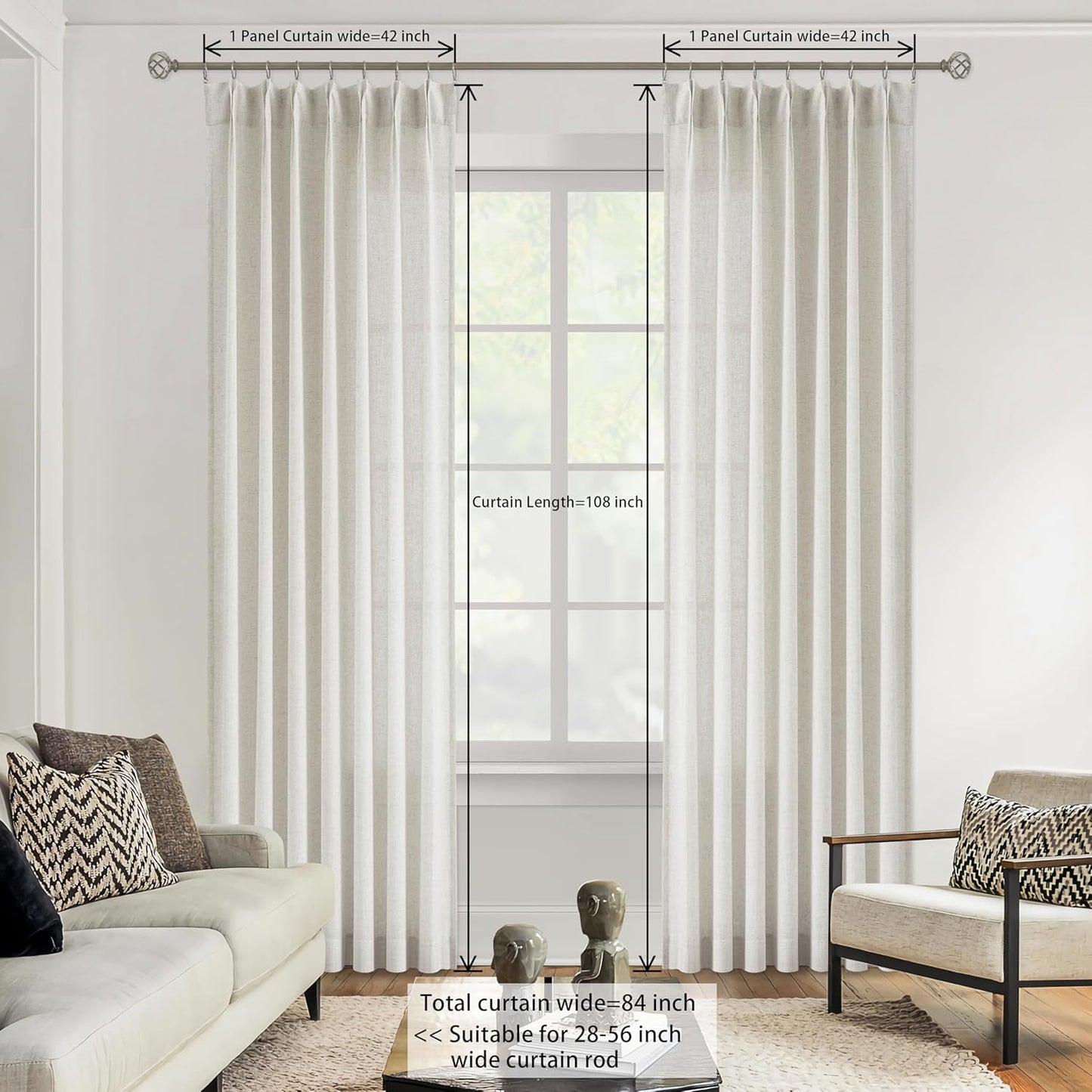 Vision Home Natural Pinch Pleated Semi Sheer Curtains Textured Linen Blended Light Filtering Window Curtains 108 inch for Living Room Bedroom Pinch Pleat Drapes with Hooks 2 Panels 9ft 42" Wx108 L