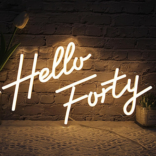 LED Hello Forty Neon Sign 16.5x9.4 inch - Dimmable Wall Decor for 40th Birthday, Bedroom, Office, Beauty Salon with USB Power