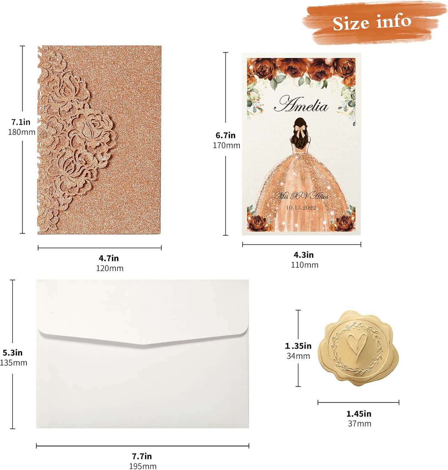 DORIS HOME 50pcs Laser Cut Quinceanera Invitations Terracotta Glitter, 4.7x7.1 Personalized Quince Invitations for 15th Birthday, Invitation cards for Sweet 16 with Envelopes