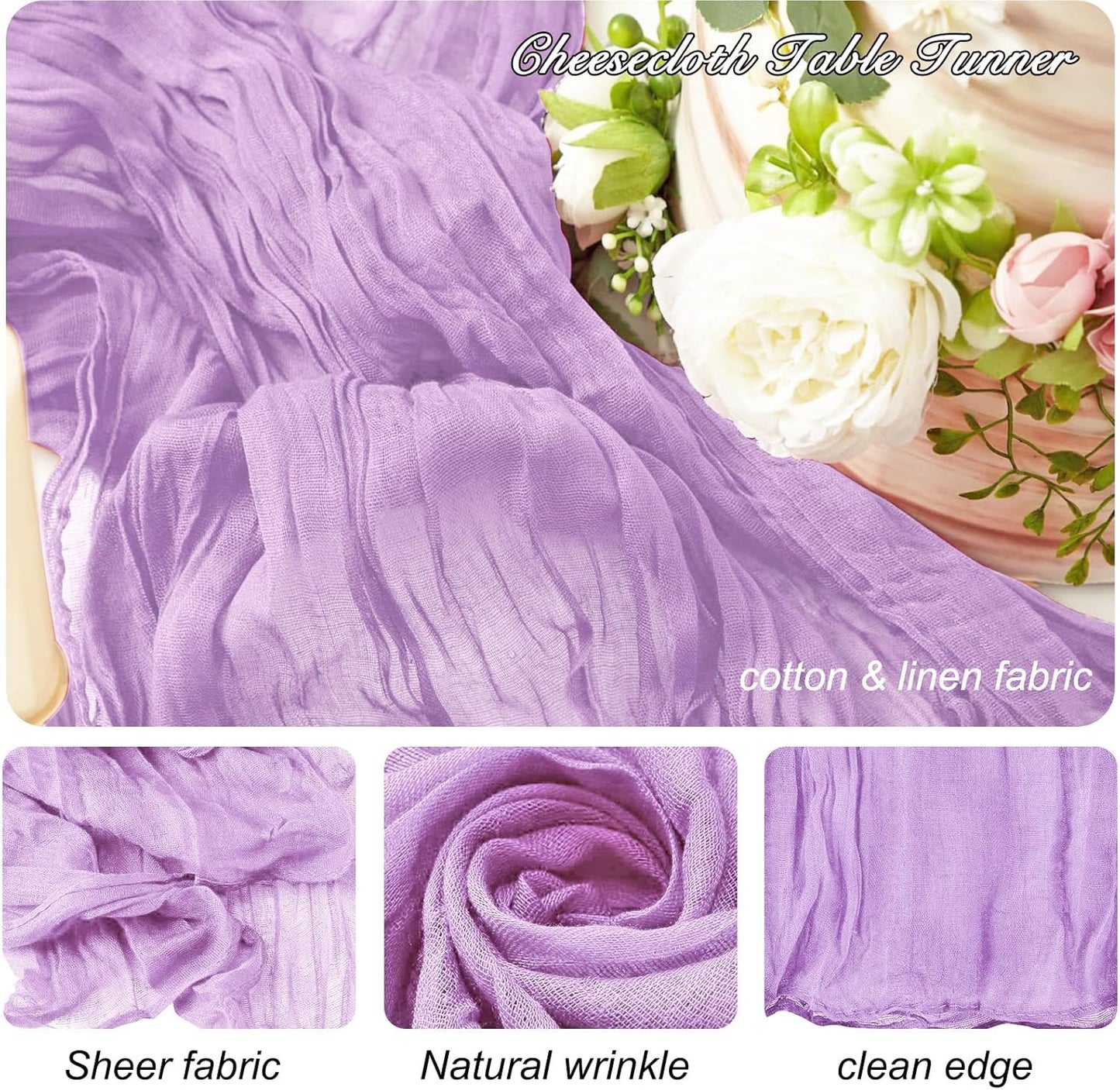 8 Pack 10Ft Table Runner 35x120 inch Purple Boho Gauze Table Cheese Cloth Long Wrinkled Sheer Table Runner for Wedding Bridal Shower Birthday Party Table Decor