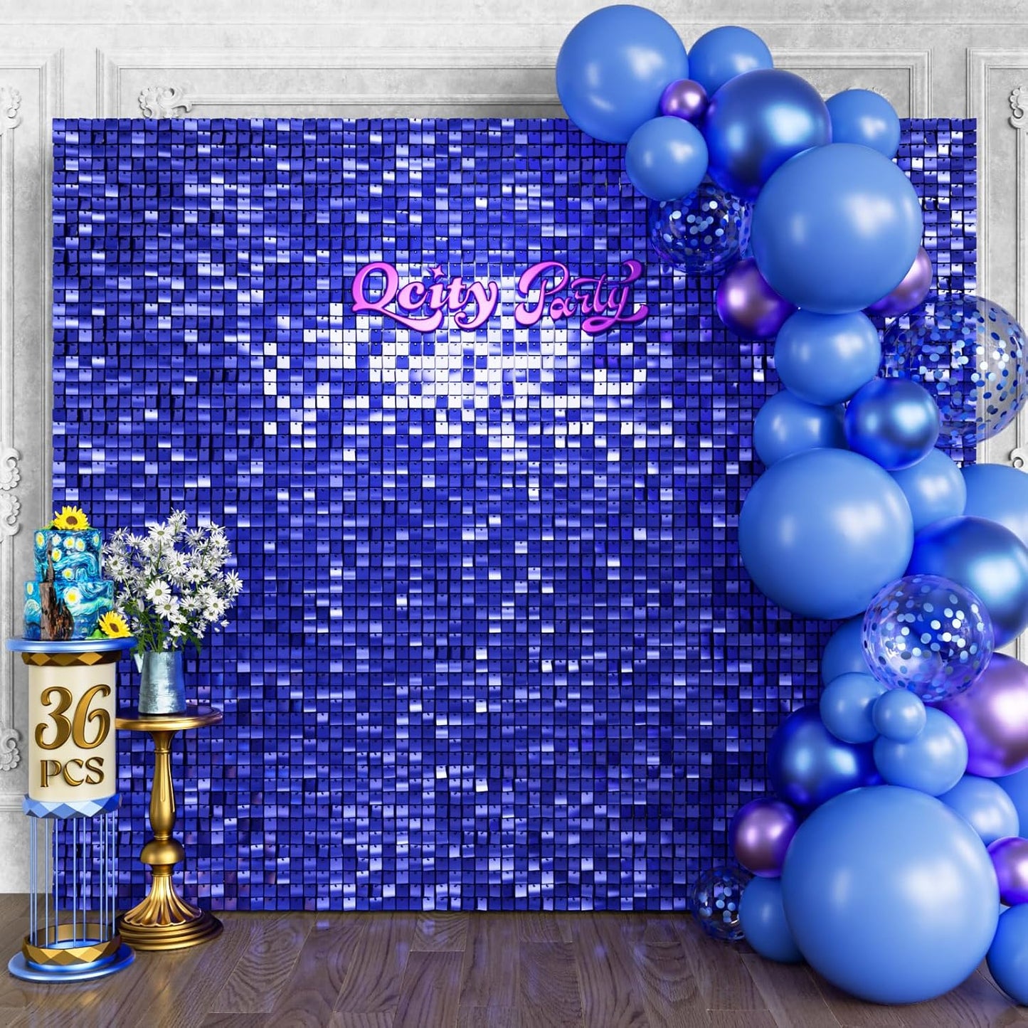 Qcity Blue Shimmer Wall Backdrop 36PCS, Black Back Not See-Through Design, Square Sequin Glitter Backdrop Panel, Perfect for Outdoor Events, Birthdays, Wedding and Party Decoration