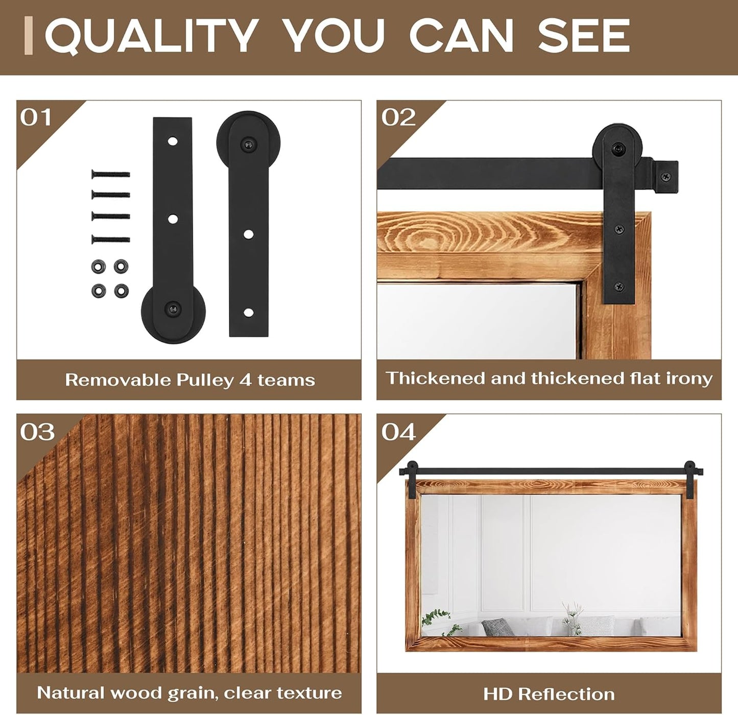 COGOOD Farmhouse Bathroom Mirror - 49 x 30 Rustic Wood Framed Wall Barn Door Mirror for Entryway, Living Room, Entryway Wall Decor (Brown)