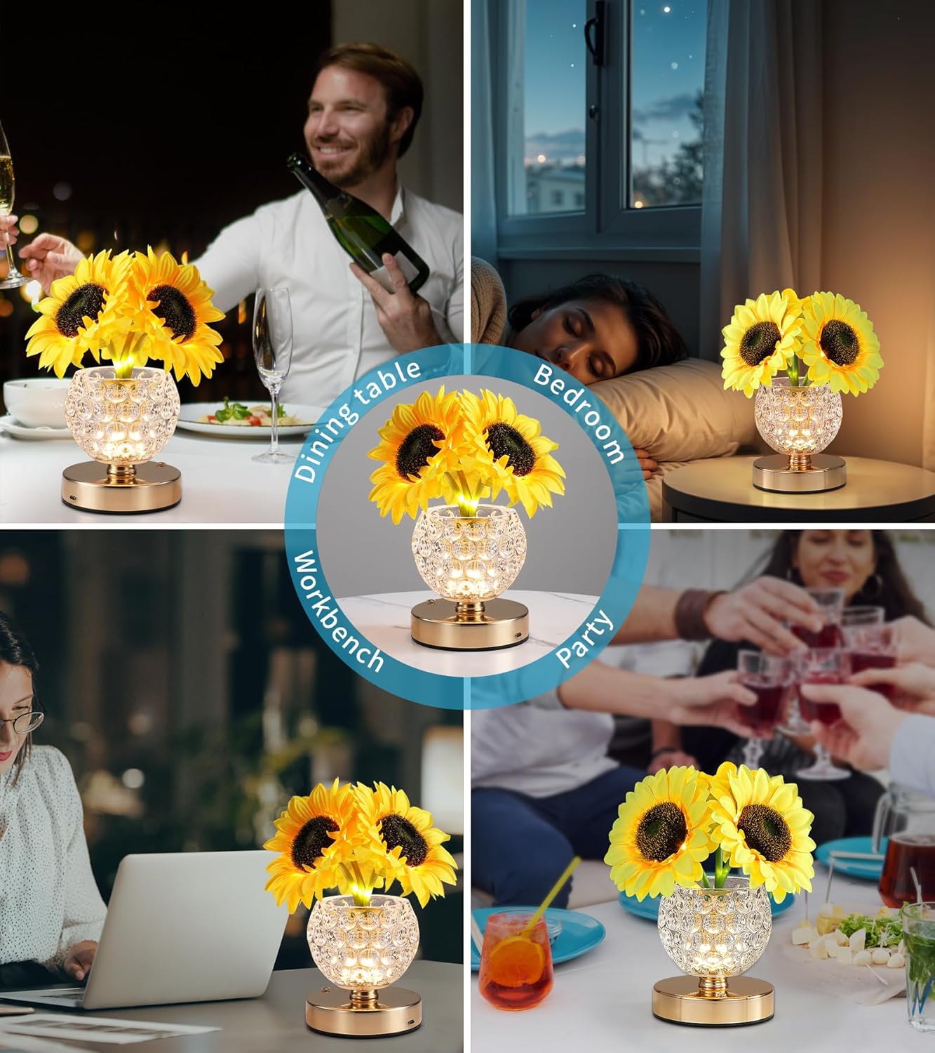Sunflowers Lamp,Rechargeable Cordless Touch Table Lamp,3-Colour Infinitely Dimming Small Night Light for Home Decor/Restaurant/Bar/Coffee Shop,Gifts for Women/Mom