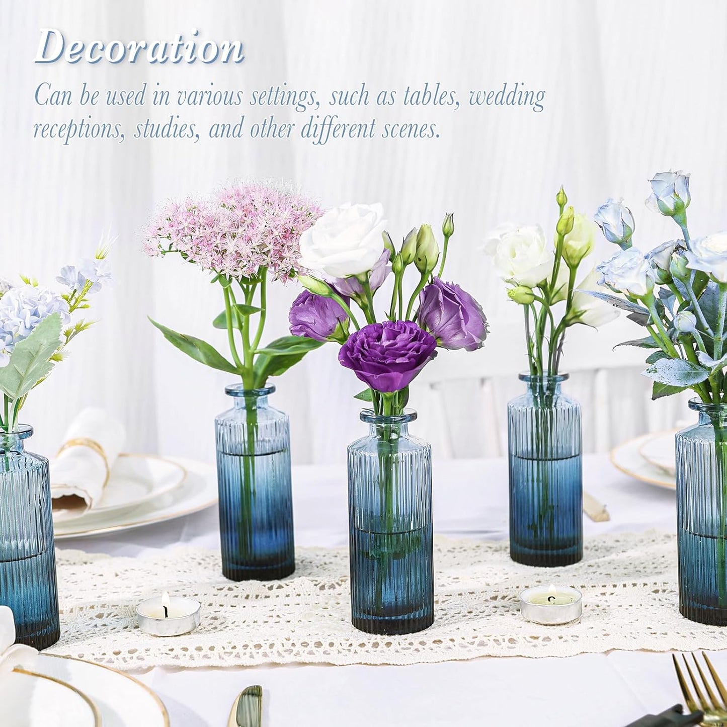 Navy Blue Glass Bud Vases Set of 12, Mini Ribbed Flower Vase for Centerpieces, Small Glass Vases in Bulk for Wedding Decorations, Vintage Vase for Table, Recepetion, Graduation, Home Décor