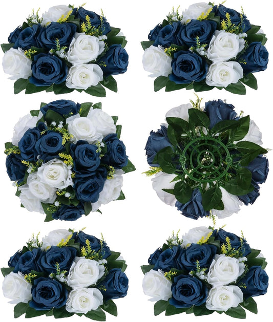 BLOSMON Flower Balls Table Centerpieces: 6 Pcs Fake Flowers Navy Blue White Wedding Kissing Rose Balls Decor - Artificial Floral Arrangements Flower Bouquet of Roses Home Party Table DIY Decorations