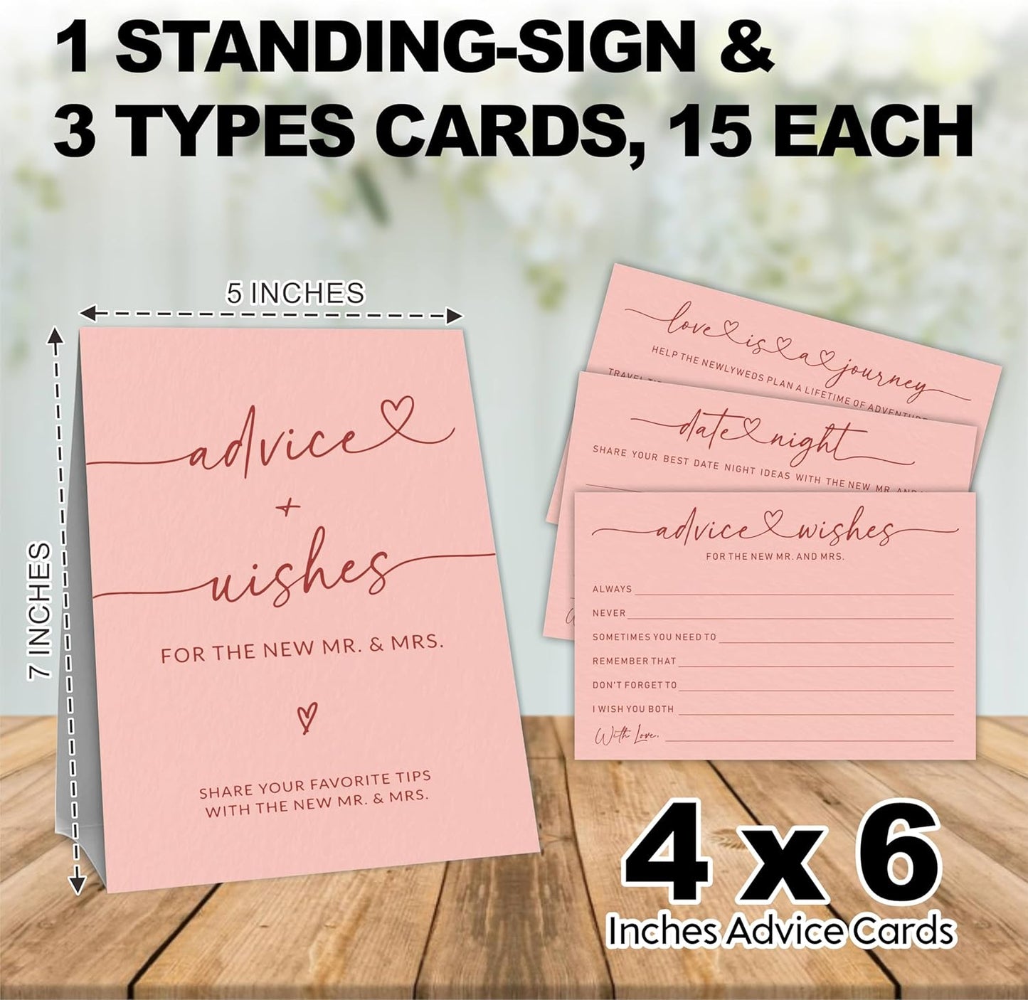Wedding Advice Cards - Wishes For The New Mr & Mrs Wedding Advice Sign -A Standing Sign With 3 Types Of 4 x 6 Advice Cards -Bride and Groom Newlyweds Bridal Shower Decoration,Games(Pink) - C04