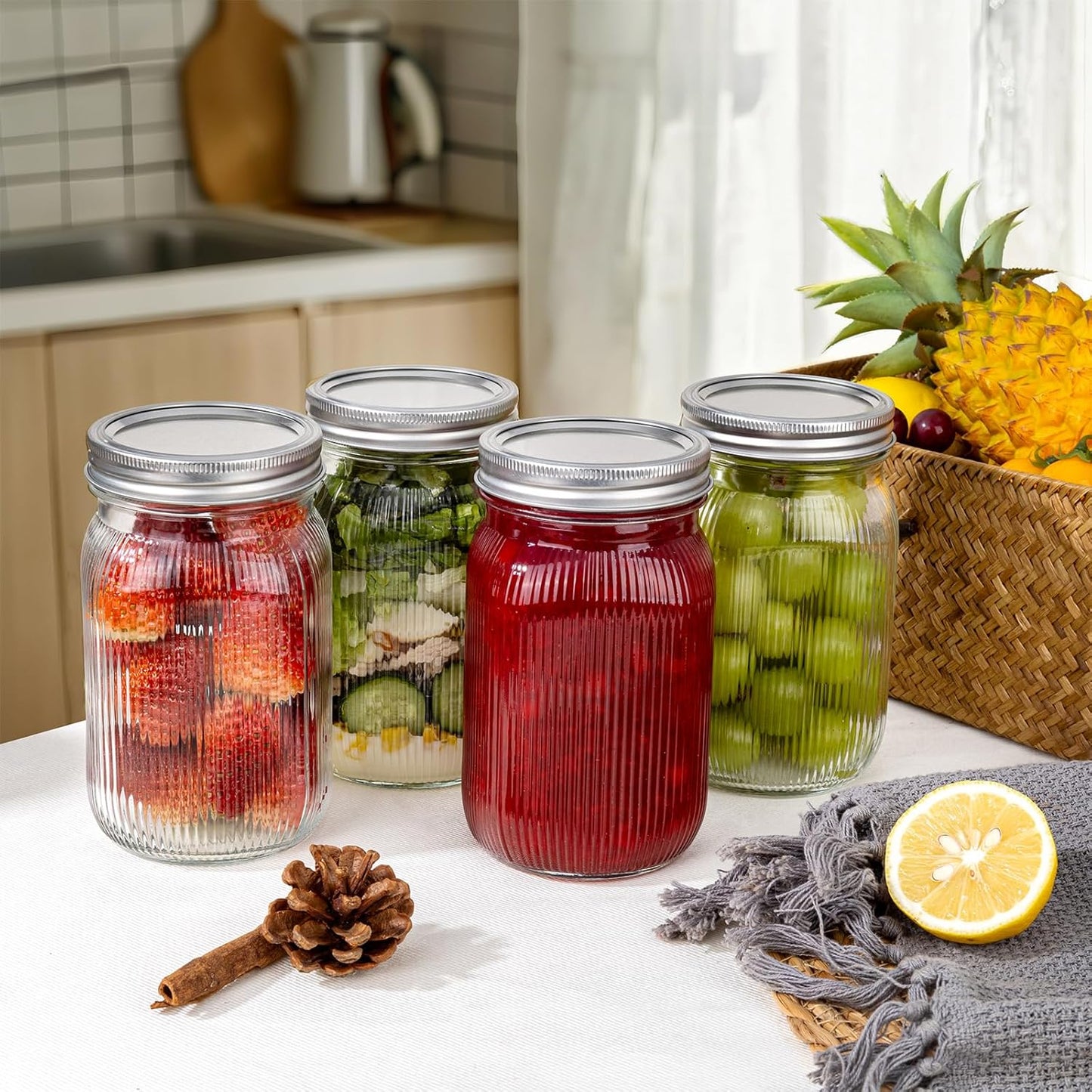 MirthMood 32 OZ Wide Mouth Mason Jars, 4 PACK Glass Mason Jars with airtight Lids, Quart mason jars wide mouth for Fermenting, Pickling, Freezing, Preserving, Meal Prep, Jar Décor