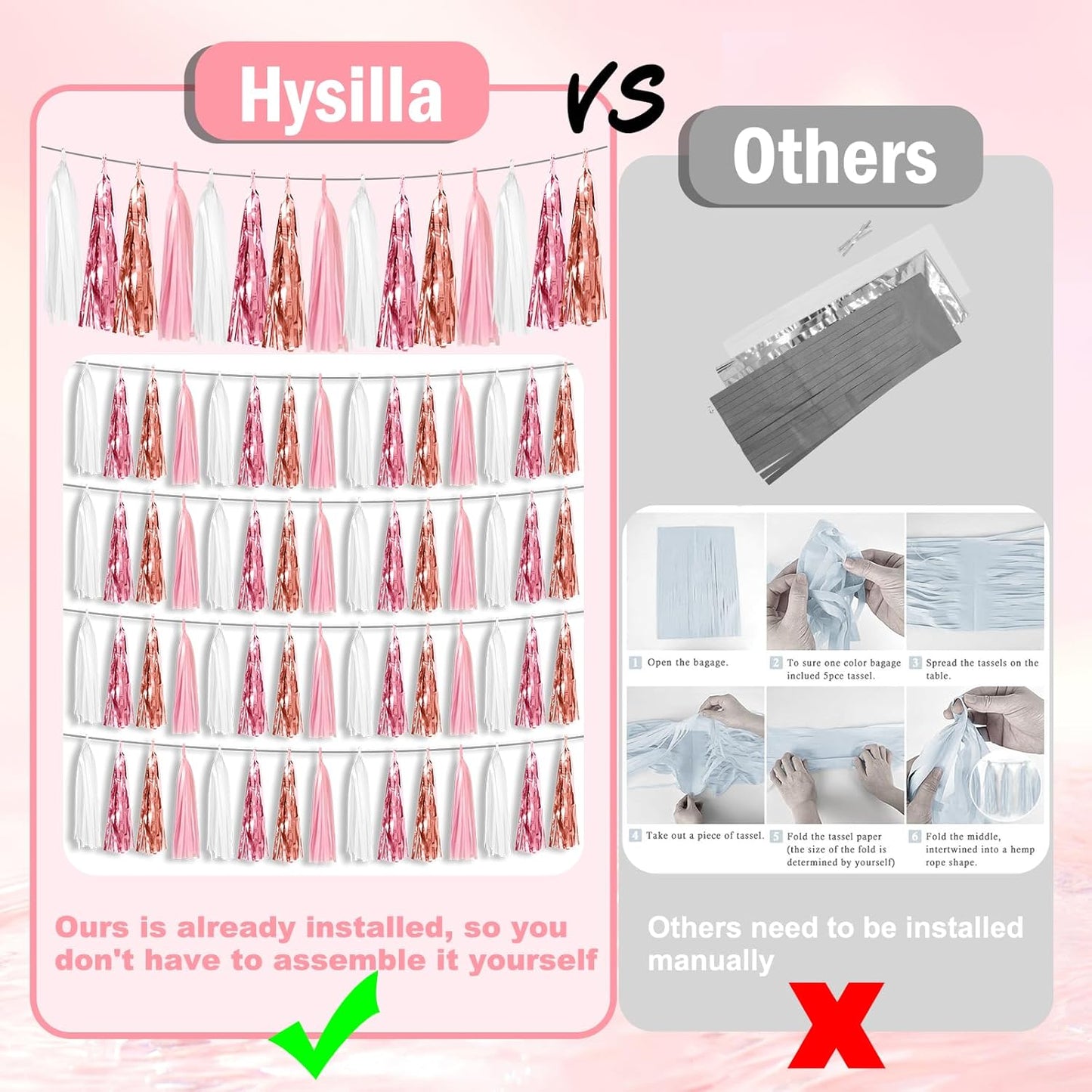 8P Pink White Peach Rose Gold Tassels Foil Fringe Metallic Garland Banner, Tassels Banner Streamers for Parade Floats, Wedding, Birthday, Christmas, Bridal/Baby Shower Graduation Party Decorations