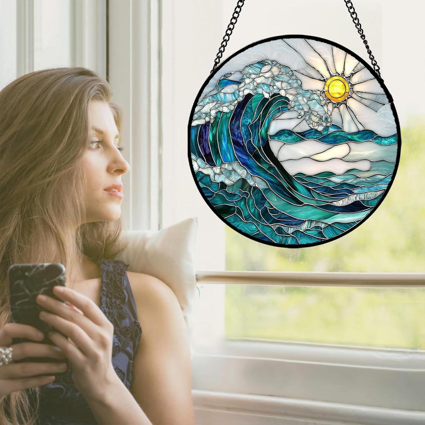 Stained Glass Window Hanging - Blue Green Waves Suncatcher for Door Terrace Garden Home Decor Sunrise Over The Sea Sun Catcher Birthday Gifts for Lovers Women Men Dad Mom Nana 6.3 in