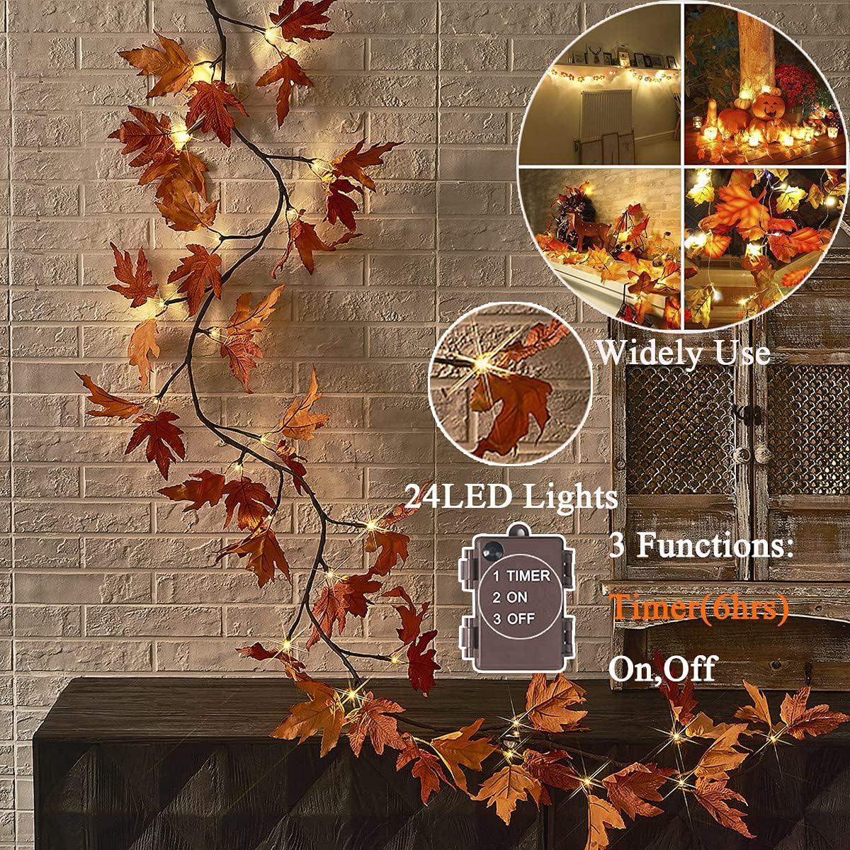 Hairui Lighted Maple Leaf Garland with Timer 6FT 24 Warm White LED, Fall Garland with Lights Battery Operated for Thanksgiving Harvest Christmas Wedding Decoration Indoor Outdoor