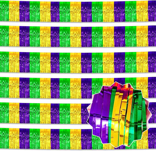 6 Pack 10 Ft Gold Green Purple Foil Fringe Garland Metallic Streamers Tinsel Banner Wall Hanging Garland Backdrop for Parade Floats, Halloween, Christmas, Thanksgiving, New Year Party Decorations