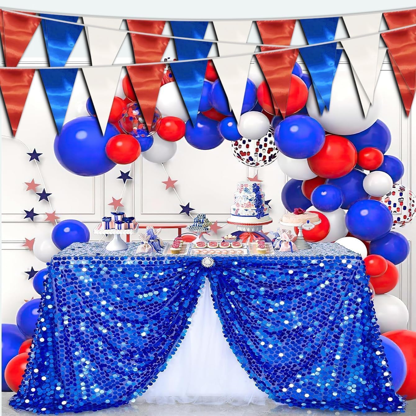 20M/65FT White Blue Red Triangle Pennant Banner Flag Metallic Fabric Bunting Garland for Christmas Graduation, Independence Day, 4th of july, Patriotic Themed Party Decoration