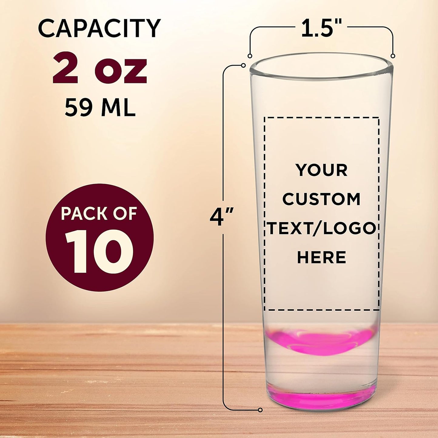 Custom Cordial Shooter Shot Glasses 2 oz. Set of 10, Personalized Bulk Pack - Great for Birthdays, Parties, Indoor & Outdoor Events - Pink