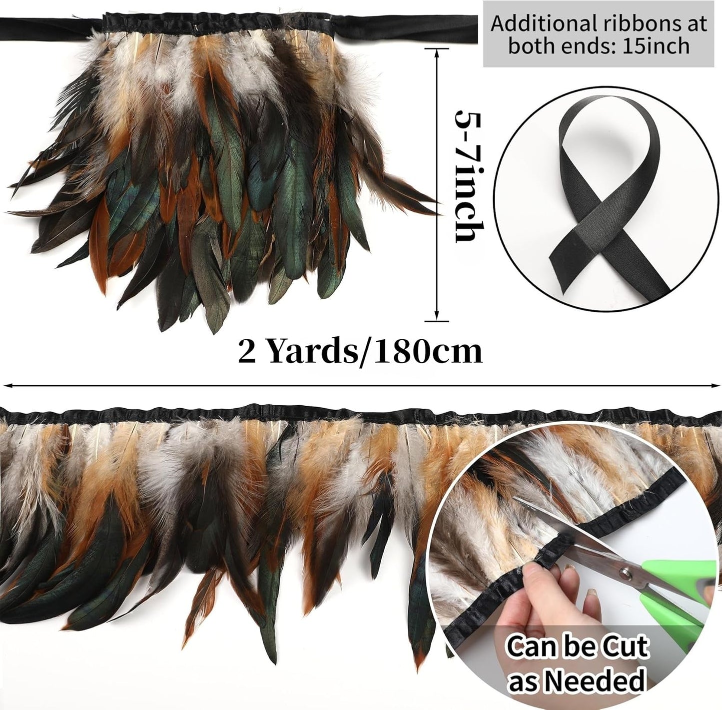 Holmgren Natural Rooster Feather Trim - 2 Yards 5-7inch Rooster Feathers Fringe Trim for Feather Shawl Cape, Gloves, Dress Costume and Home Party Decoration (Natural)