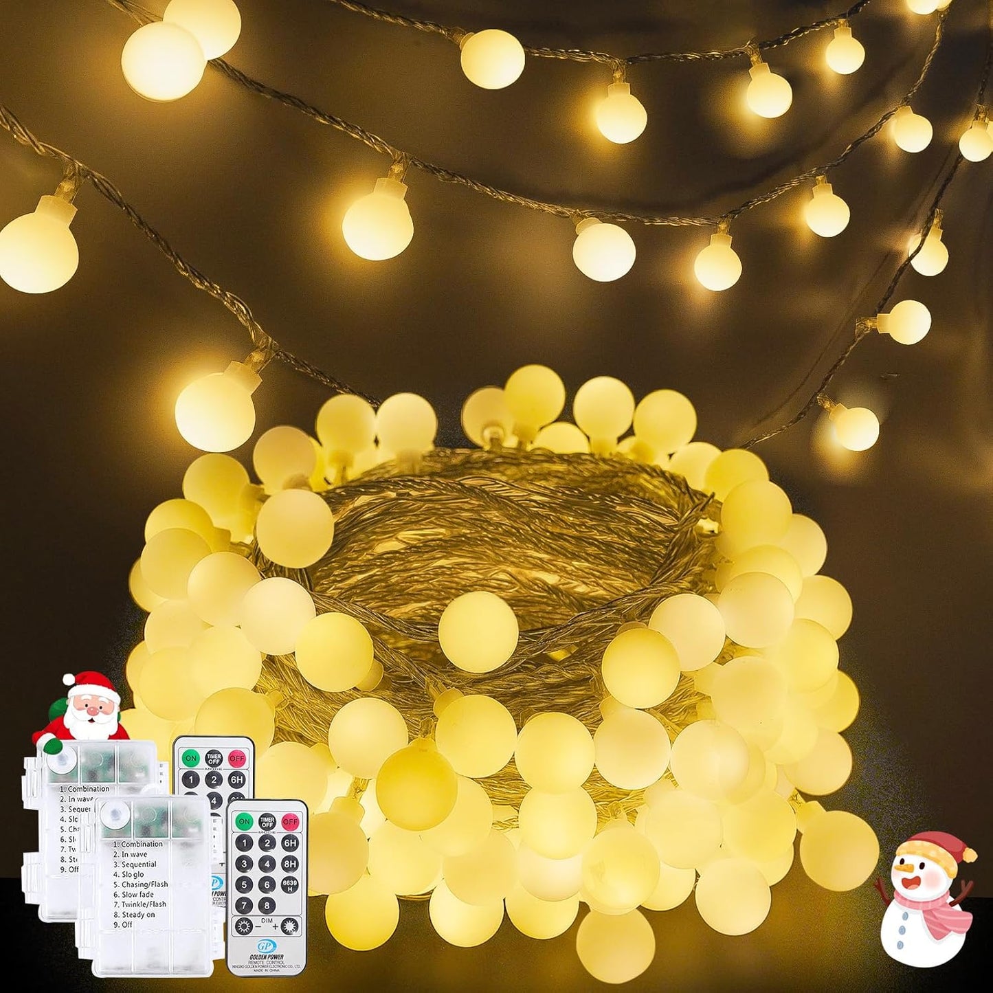2 Pack Battery Operated String Lights - 52FT 120 LED Globe Fairy Lights with Remote, Waterproof Christmas Light Indoor Outdoor 8 Modes with Timer for Bedroom Classroom Dorm Christmas Decor, Warm White