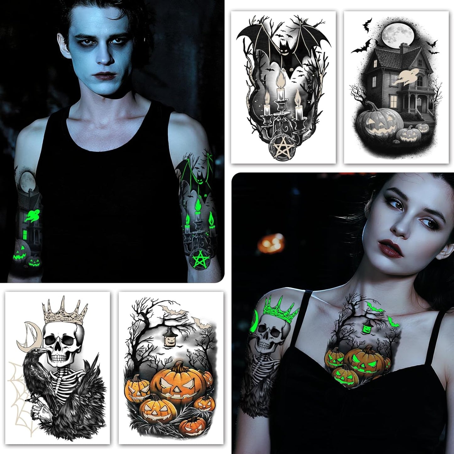 39 Sheets Halloween Glow Up Temporary Tattoos Women Men Adults, Skeleton Death Skull Pointed Black Hats Brooms Cauldrons Black Cats Half Arm Halloween Fake Tattoo, Scary Tattoos for Halloween Costume