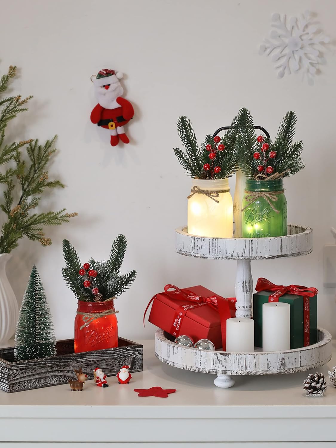 Christmas Mason Jars, Christmas Centerpiece Table Settings, Wood Tray with 3 Painted Jars, Dining Coffee Table Centerpiece, For Kitchen, Living Room, Colorful Mason Jar Decor with Flowers