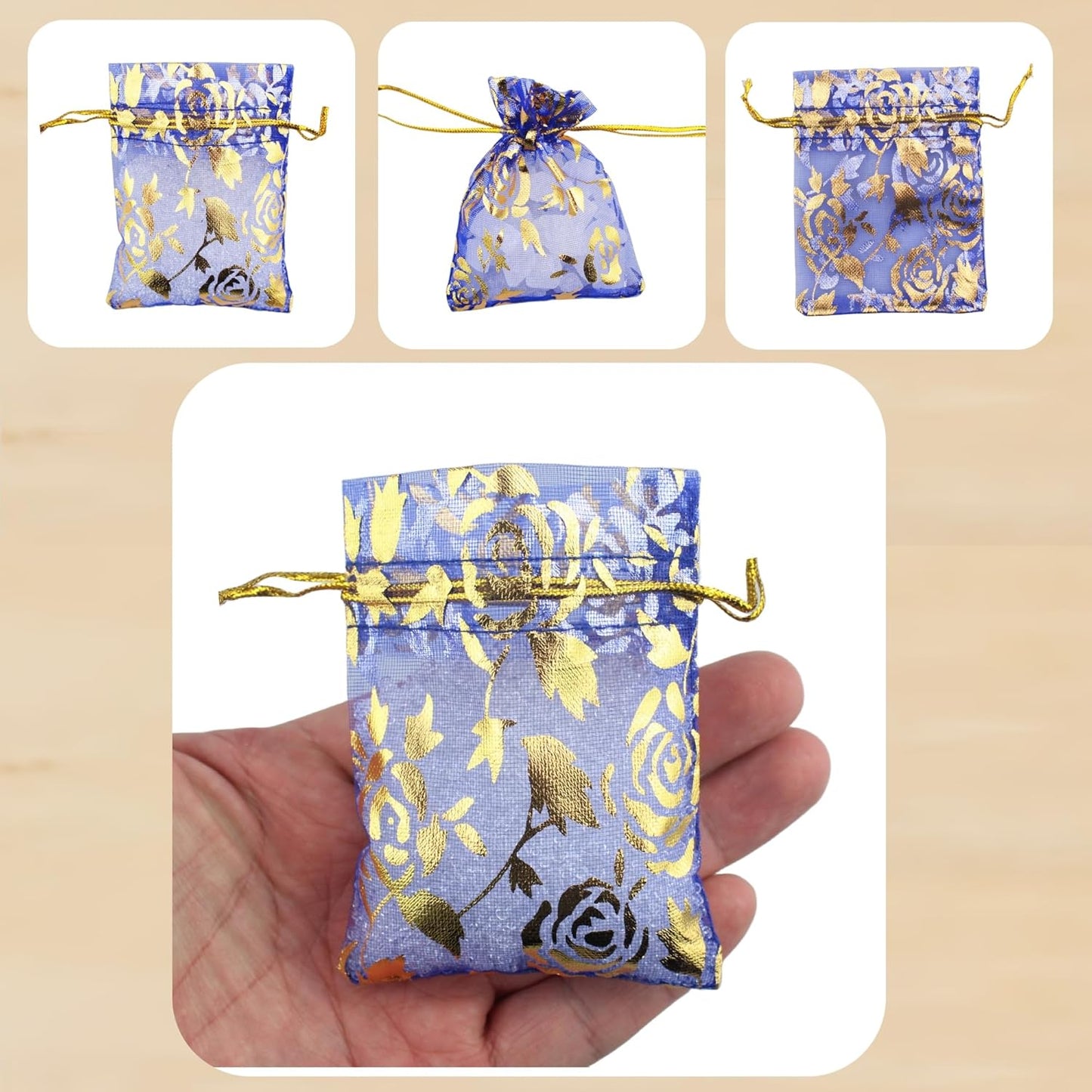 QIANHAILIZZ 100 Pack 2.8 x 3.5 Inch Flower Heart Organza Jewelry Gift Pouch Candy Pouch Drawstring Wedding Favor Bags B511S (royalblue gold flower)