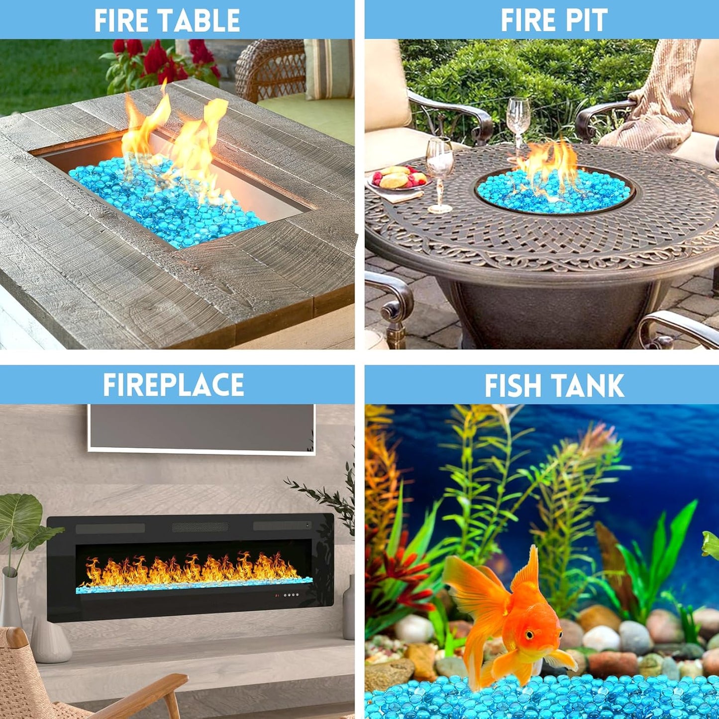 Fire Glass for Propane Fire Pit, Fireplace and Outdoor Decorative. Caribbean Blue Round Firepit Rocks 20 Pounds, 3/4 Inch High Luster Glass Beads