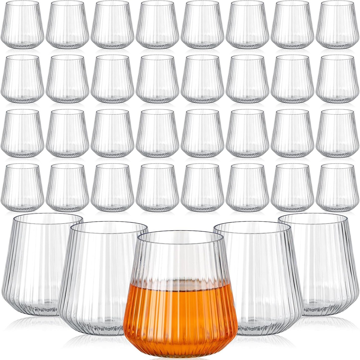 Suclain 100 Pack Plastic Wine Glasses Ribbed Stemless Wine Glasses 14oz Vertical Design Unbreakable Cups for Outdoor Indoor Vintage Elegant Champagne Whiskey Glasses for Christmas Party Wedding