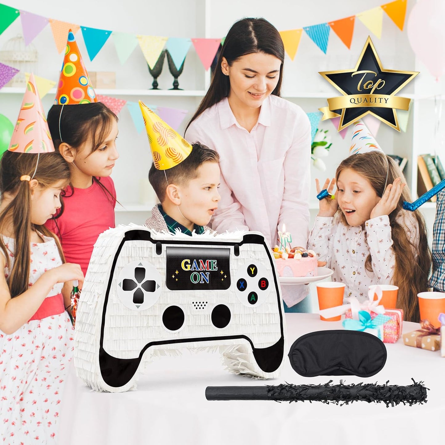 White Game Controller Pinatas Bundle with a Blindfold and a Bat(16.5 x 12 x 3.5 Inches), Perfect for kid's Birthday Parties, Mexican Theme Parties, Decorations