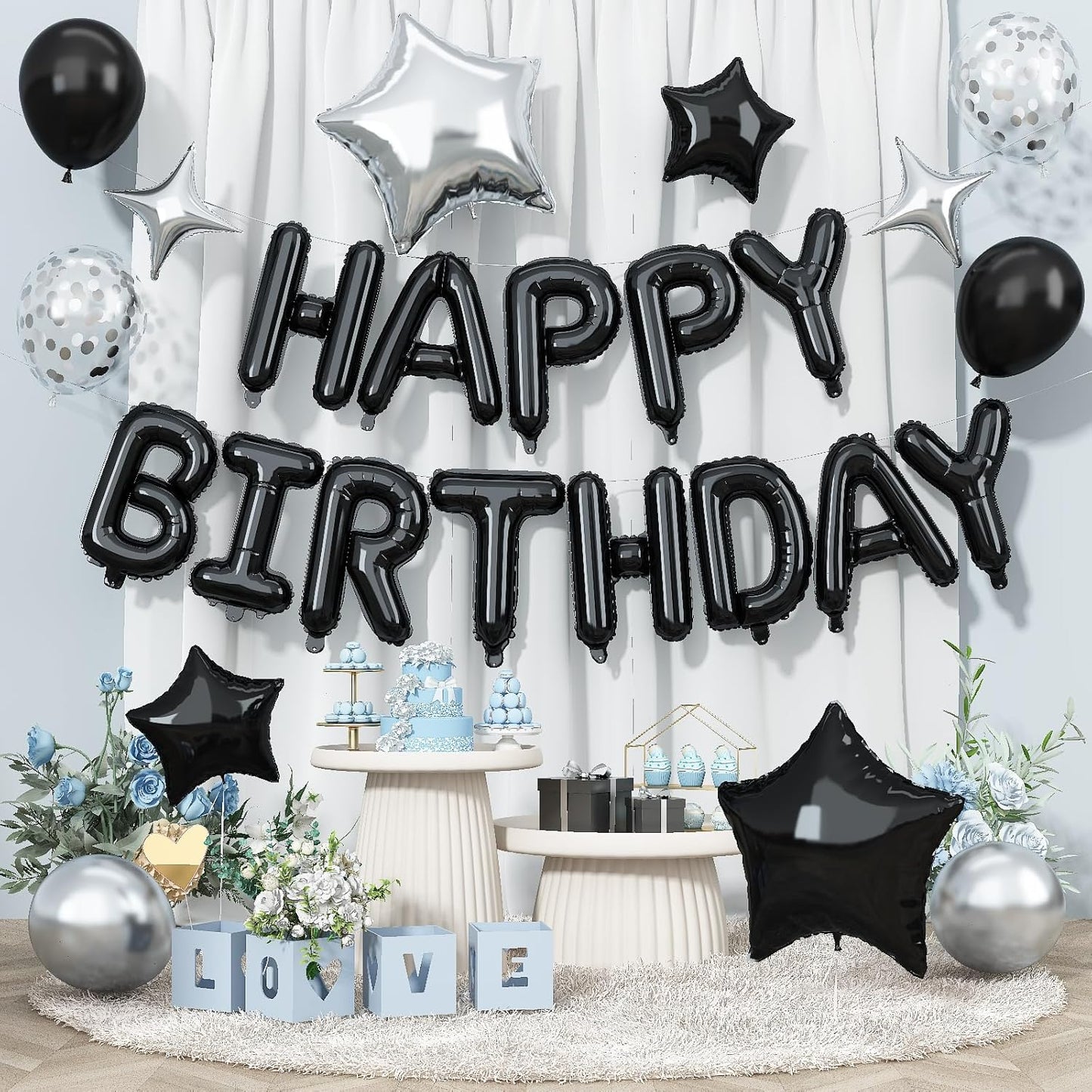Happy Birthday Balloon Banner Black Silver, 16 Inch Mylar Foil Letter Balloons, Reusable Birthday Decorations with Black and Silver Balloons, Inflatable Party Supplies for Women Men Boys Girls Decor