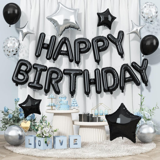 Happy Birthday Balloon Banner Black Silver, 16 Inch Mylar Foil Letter Balloons, Reusable Birthday Decorations with Black and Silver Balloons, Inflatable Party Supplies for Women Men Boys Girls Decor