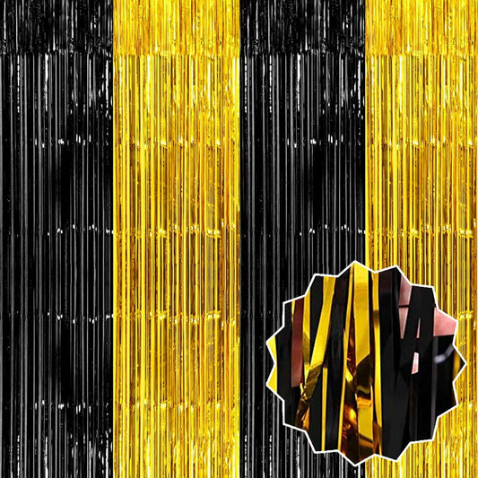 6 Pack Black and Gold Foil Fringe Curtains Backdrop, 3.28 x 8.2 Ft Metallic Streamers Tinsel Curtains Background for Photo Booth, Birthday, Weddings, Carnivals, Graduation, Themed Party Decorations