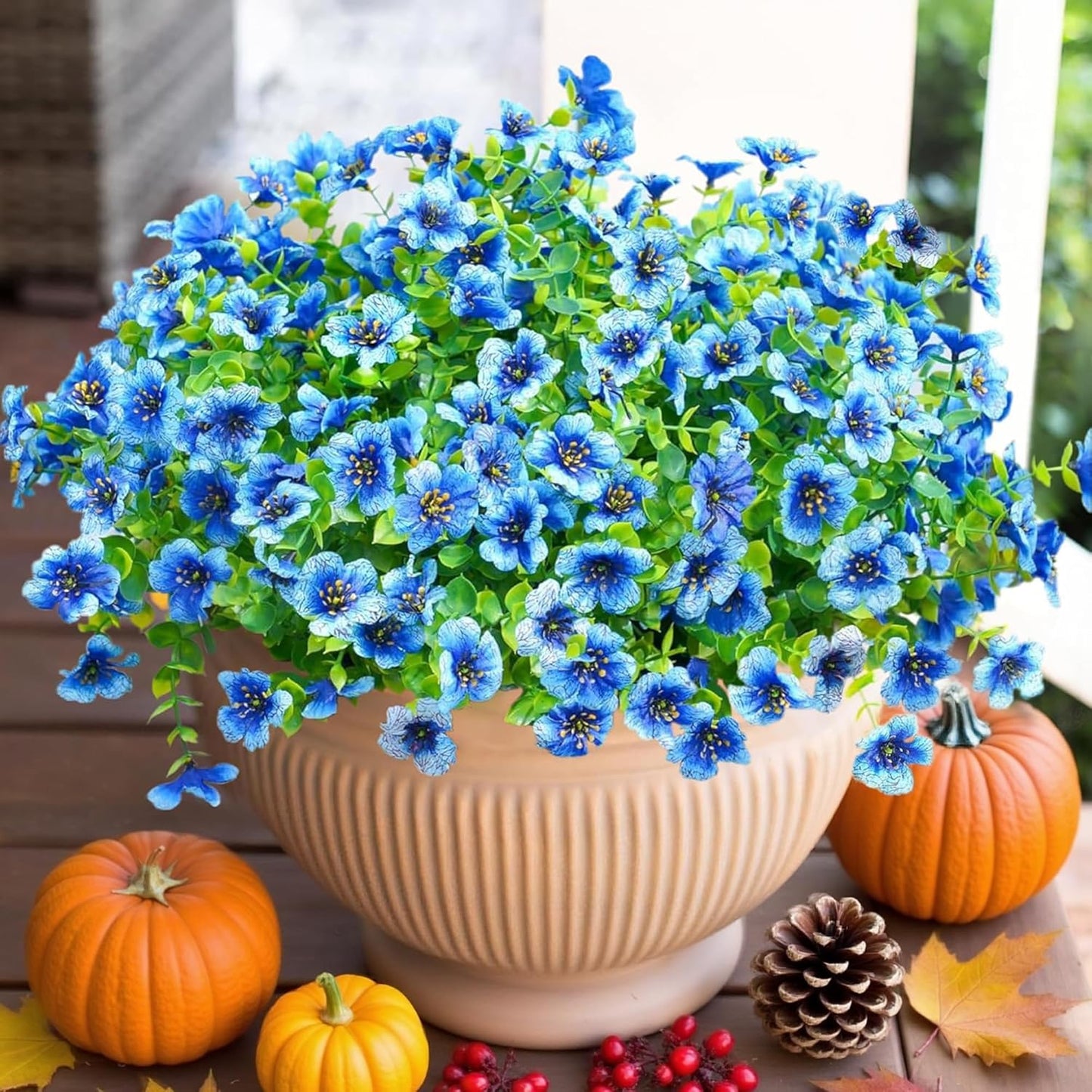 HyeFlora Artificial Flowers for Outdoor Indoor Garden Home Decoration, Faux Flower Daisy with Eucalyptus Leaves Fake Plants Greenery Boxwood Porch Patio, 12 Bundles (Blue)