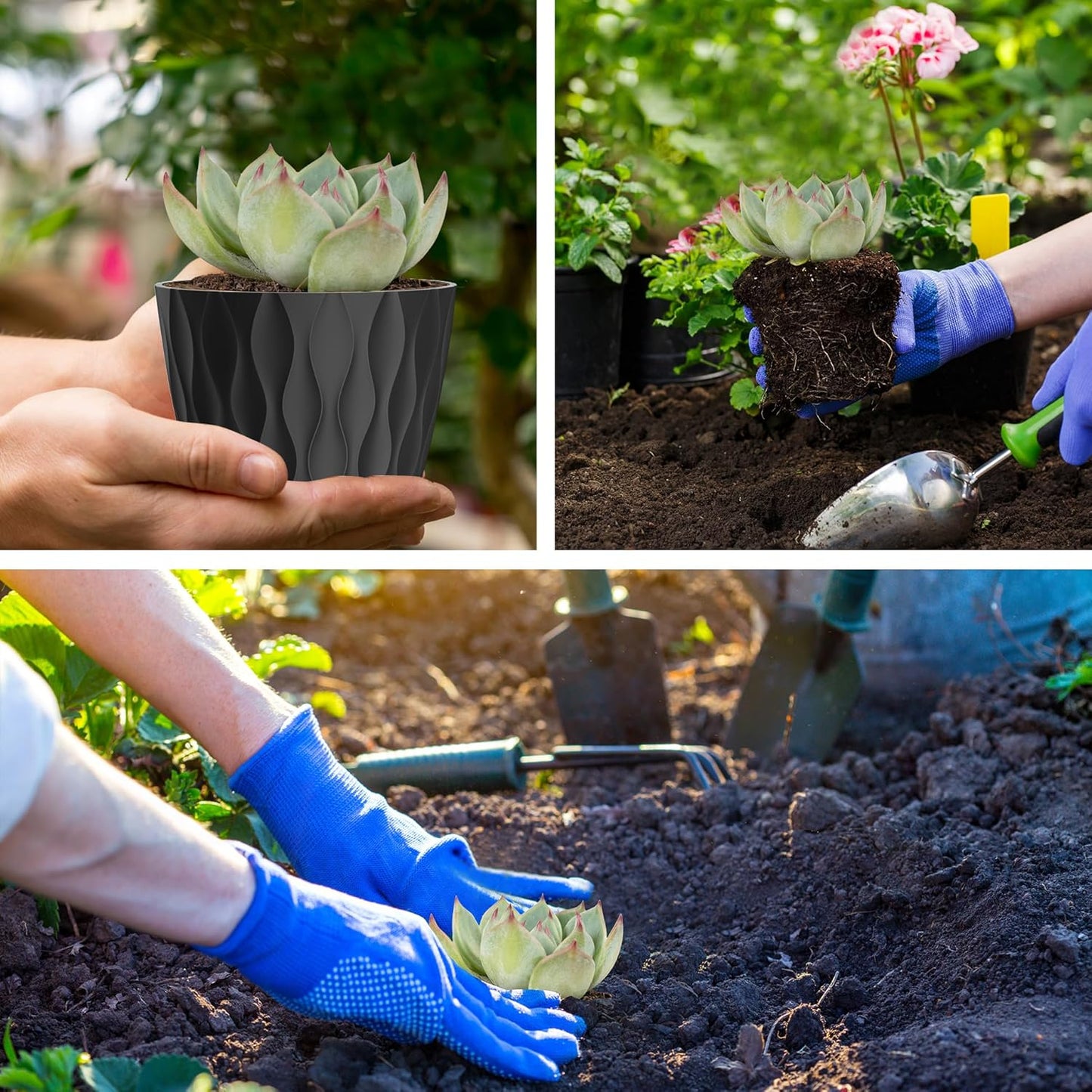 12 Pack 4 Inch Small Plant Pots with Saucers, Waffle Texture Plastic Planters with Drainage Holes for Indoor and Outdoor Plants, Flowers, Herbs, Succulents, and Seedlings, Black