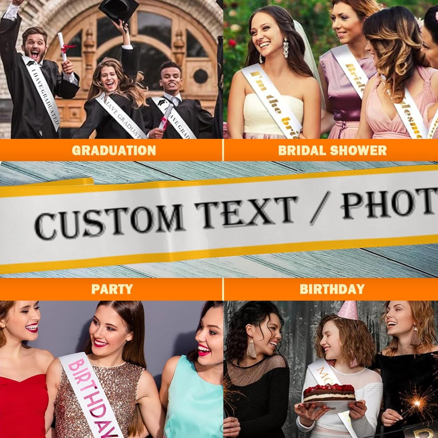 Custom Sash,Personalized Birthday Sash with Text Photo,Customized Bachelorette Sash Quote Sash Bride to Be Sash Color Optional (With decorative edge, Light Sliver)