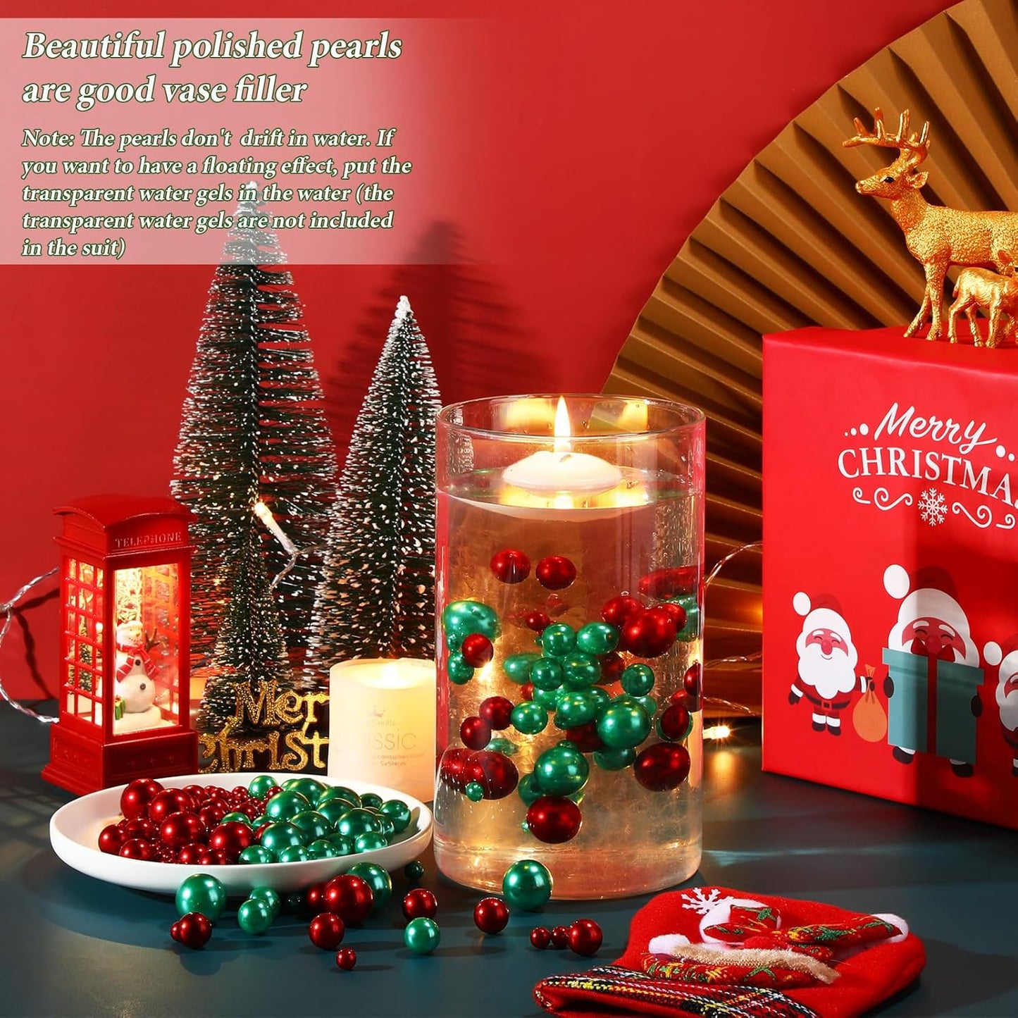 150 Pieces Vase Filler Faux Pearls Vase Makeup Beads No Hole Gloss Bead Mixed Sizes Round Pearl for Home Party Wedding Decor, 8/14/20 mm(Red)