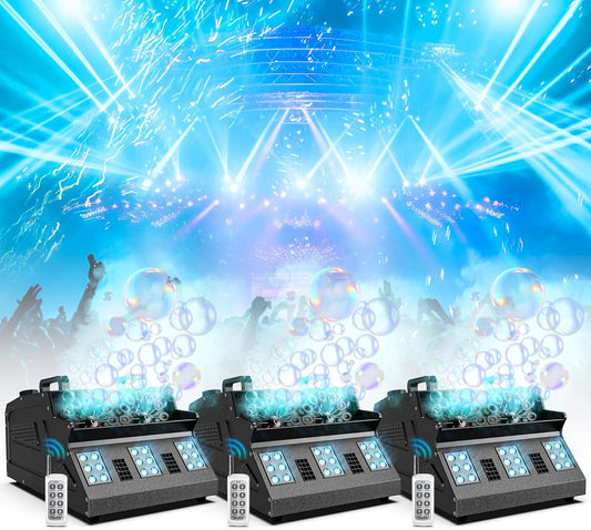 2000W Fog Machine, 3 in 1 Fog Bubble Machine with 2 Bubble Fans, 18 RGB LED Lights Smoke Bubble ALL IN ONE Fog Machine, Bubble Machine for Halloween Christmas Party Wedding, 3 Pack