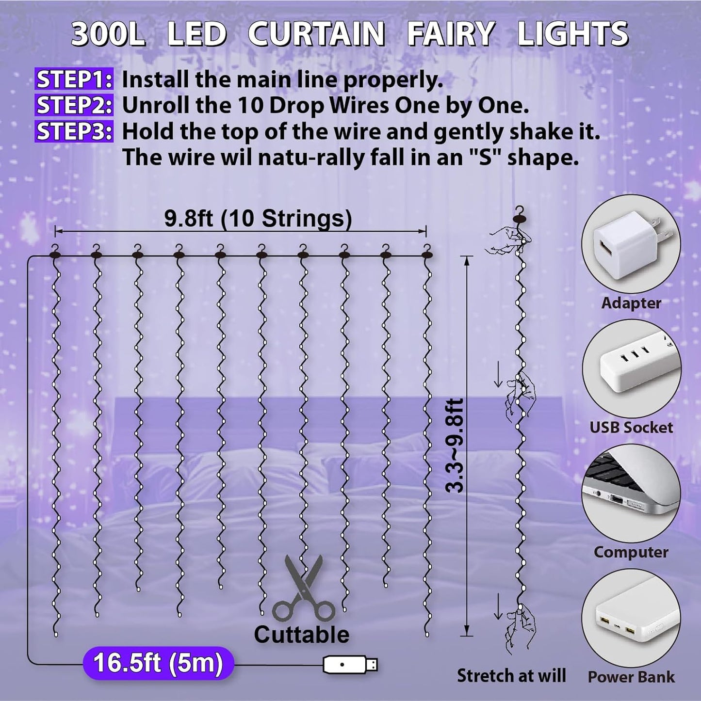 HXWEIYE 300LED Fairy Curtain Lights, 9.8x9.8Ft USB Plug-in 8 Modes Christmas String Hanging Lights with Remote for Bedroom Backdrop Wedding Party Indoor Wall Decor, Purple