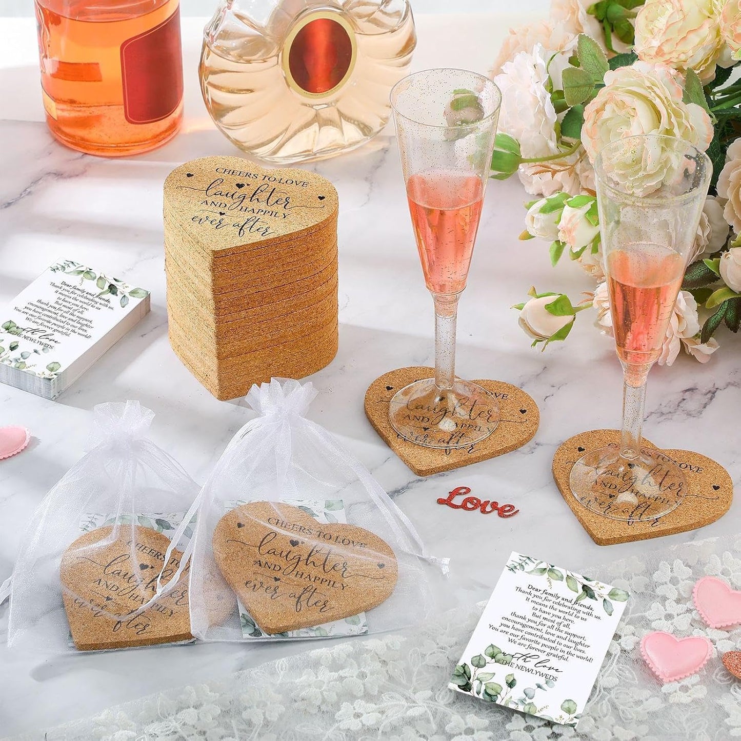 Uiifan 50 Set Wedding Favors for Guest Coaster Gifts Bulk Heart Shaped Coasters Thank You Cards Organza Bags Guest Souvenirs for Wedding Party Bridal Favors