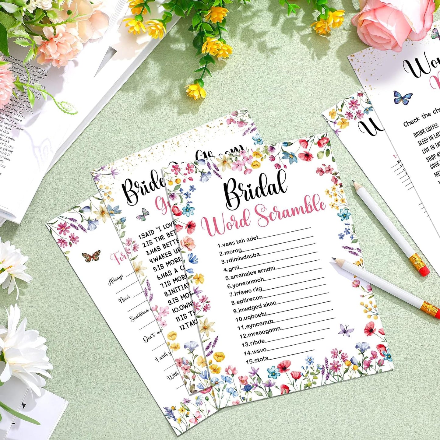 Teling 145 Pieces Bridal Shower Game Bridal Shower Favors Set Wedding Games Cards and Pencils for Bride Groom Bachelorette Party Wedding Party Favor(Wildflower Floral)