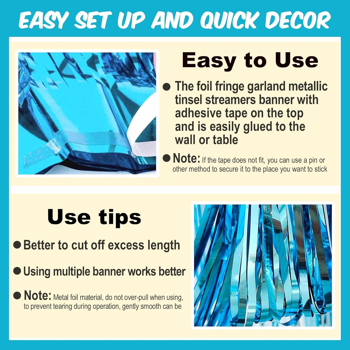 6 Pack 10 Ft Light Blue Foil Fringe Garland Metallic Streamers Tinsel Banner Wall Hanging Garland Backdrop for Parade Floats, Halloween, Christmas, Thanksgiving, New Year Party Decorations