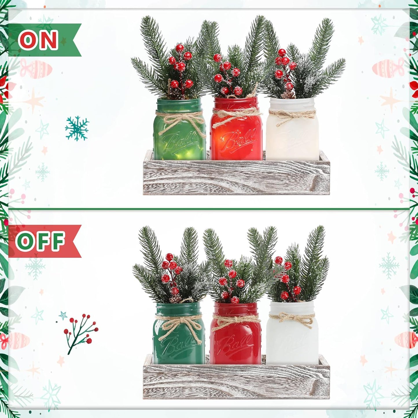 Christmas Mason Jars, Christmas Centerpiece Table Settings, Wood Tray with 3 Painted Jars, Dining Coffee Table Centerpiece, For Kitchen, Living Room, Colorful Mason Jar Decor with Flowers