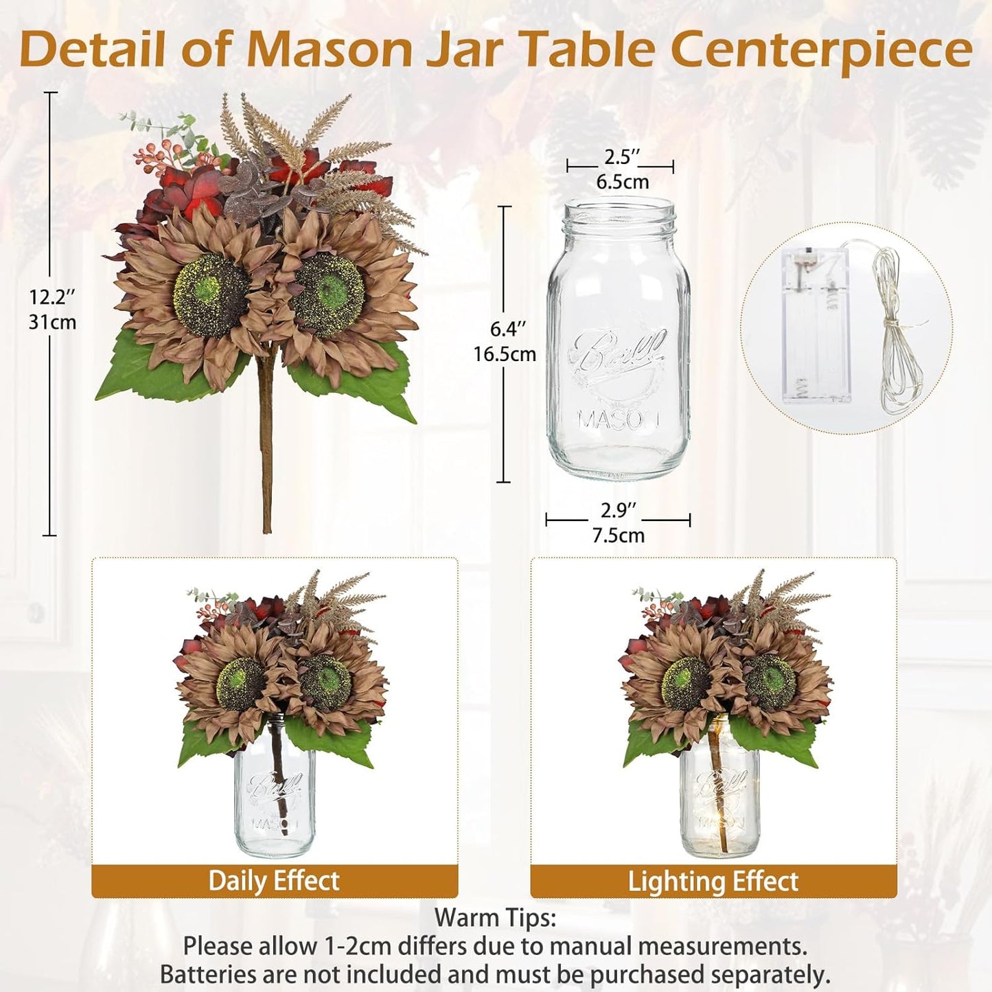 Silk Sunflowers Artificial Flowers with Mason Jar Centerpiece for Table Brown Fall Flowers in Vase Small Fall Floral Arrangement with Vase Thanksgiving Centerpiece for Dining Room Table Autumn Decor