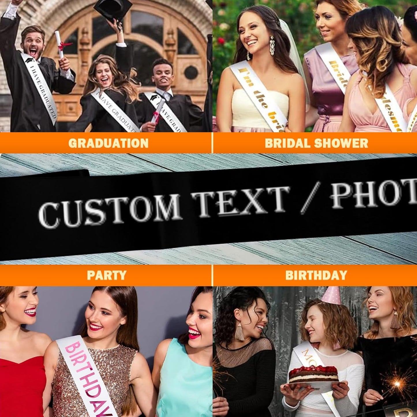 Custom Sash,Personalized Birthday Sash with Text Photo,Customized Bachelorette Sash Quote Sash Bride to Be Sash Color Optional (No decorative edge, Black)