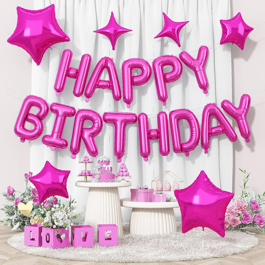 Happy Birthday Balloon Banner Hot Pink, 16 Inch Mylar Foil Letter Balloons, Reusable Birthday Decorations with Rose Red Hot Pink Star Foil Balloons, Inflatable Party Supplies for Women Girls Decor