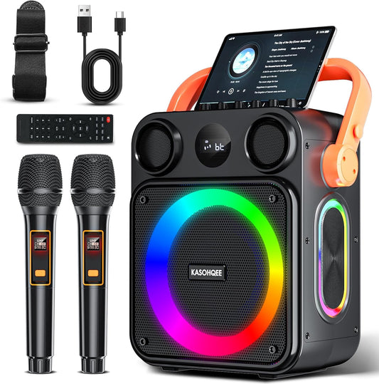 Karaoke Machine for Adults,Portable Karaoke Speaker with Two Wireless Microphones, 3.7v Speaker Supports TWS,Bluetooth,TF Card/USB, AUX in, REC, Bass & Treble for Home Party/Meeting