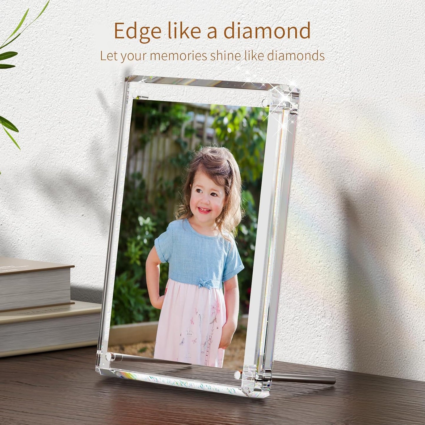 NIUBEE 4x6 Acrylic Picture Frames, Clear Photo Frame for Living Room, Diamond Edge Design, 1 Pack Portrait or Landscape Magnetic Family Thick Desktop Frameless Frame