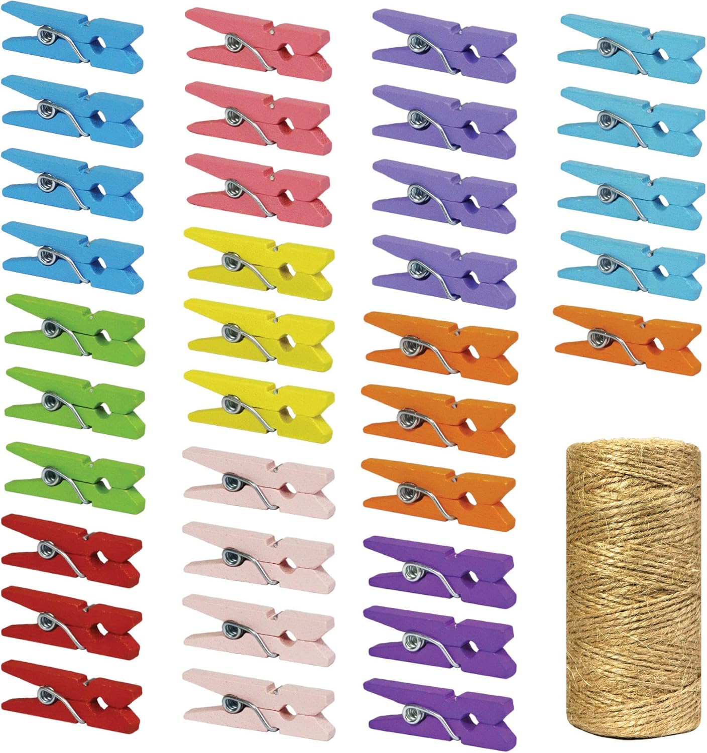 Mini Natural Wooden Clothespins with Jute Twine, 250pcs, 1 Inch Photo Paper Peg Pin Craft Clips with 66ft Natural Twine for Scrapbooking, Arts & Crafts, Hanging Photos (10 Colors)
