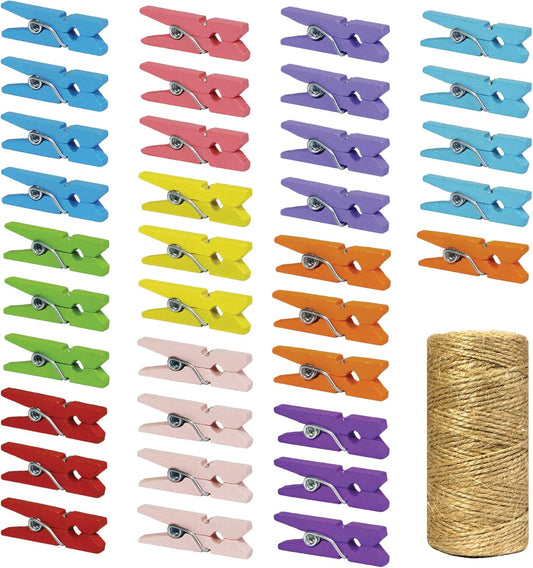 Mini Natural Wooden Clothespins with Jute Twine, 250pcs, 1 Inch Photo Paper Peg Pin Craft Clips with 66ft Natural Twine for Scrapbooking, Arts & Crafts, Hanging Photos (10 Colors)
