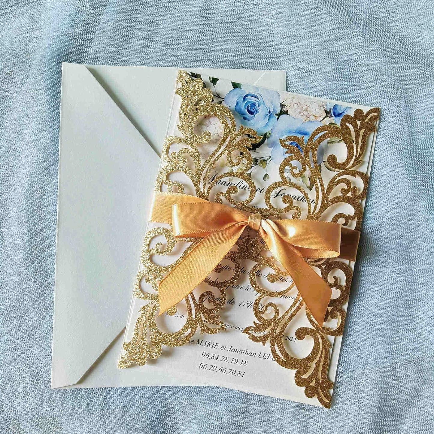 25PCS Gold Glitter Laser Cut Wedding Invitations Cards with Envelopes,Blank Inner Sheets,Ribbons for Wedding Bridal Shower Quinceañera Engagement Birthday Invites