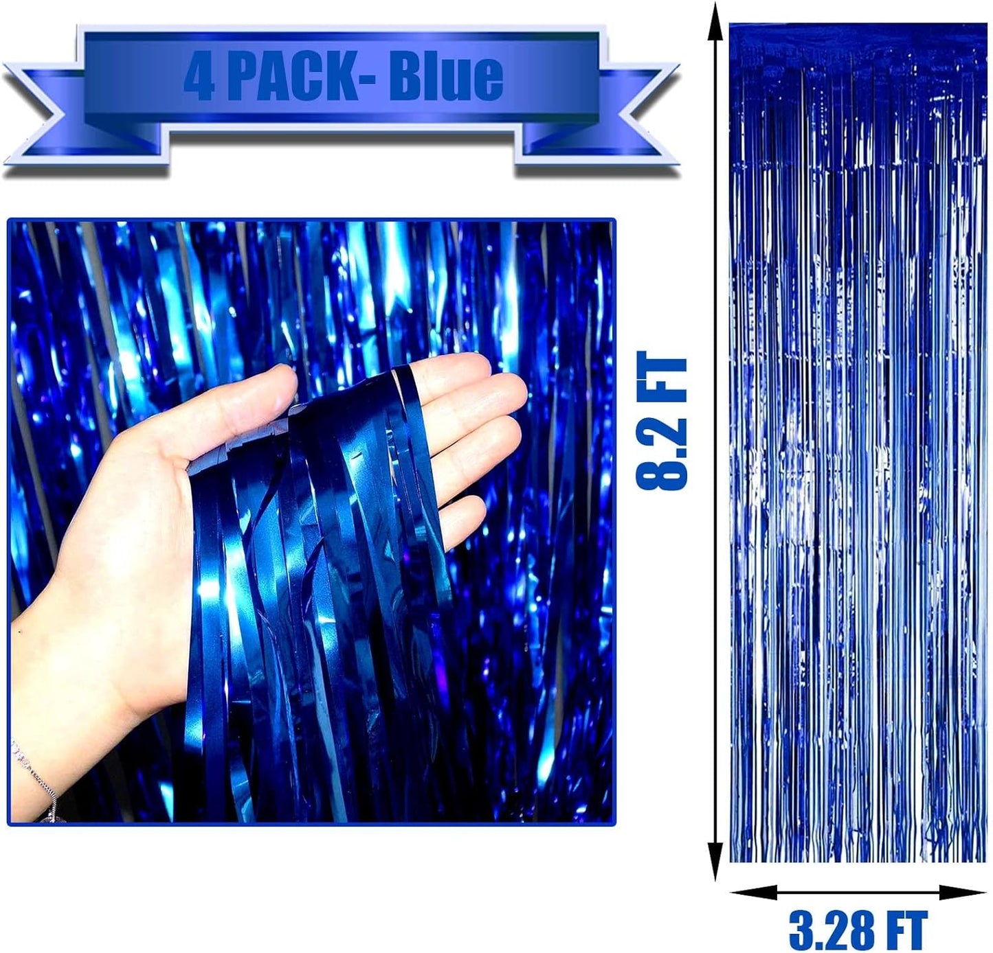 4 Pack Blue Foil Fringe Curtain Backdrop, 3.28Ftx8.2Ft Metallic Tinsel Streamers for Sea Party, Photo Booth Props, Birthday, 2022 Summer Ocean Theme Party Decoration Supplies
