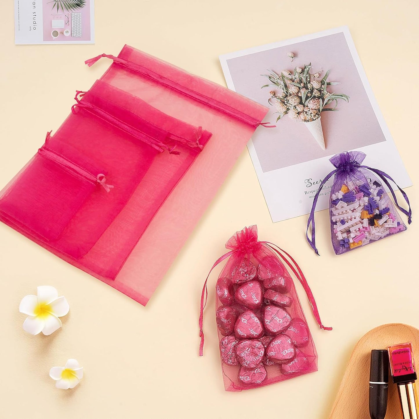 50 Pcs Hot Pink Organza Gift Bags 5x7 Inch, Small Mesh Bags Drawstring Jewelry Pouch Bags Goody Bags for Candy Wedding Party Favor